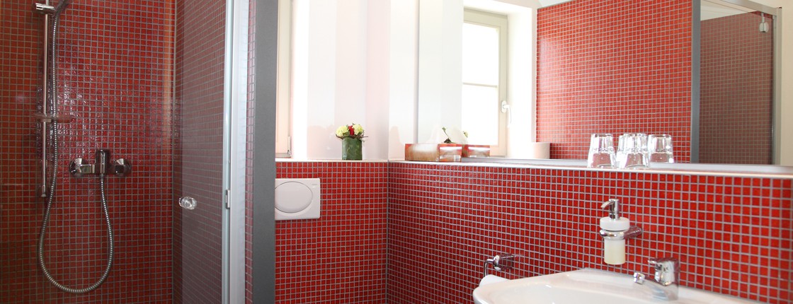 Blick in das helle, rot geflieste Bad mit weißem Waschbecken, WC und Dusche.